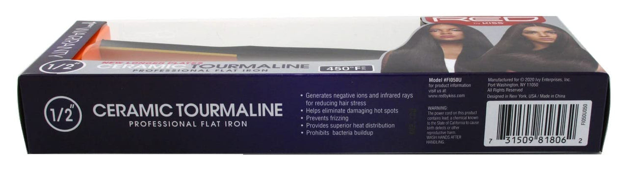 RED BY KISS FLAT IRON CERAMIC TOURMALINE 1/2"  450F  8.3 Oz