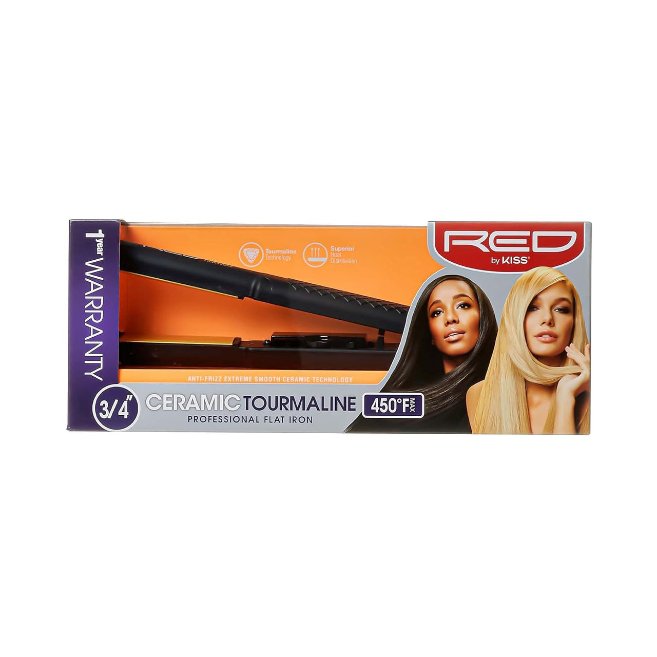 RED BY KISS PROFESSONAL FLAT IRON CERAMIC TOURMALINE 3/4" 450F  8.5 Oz