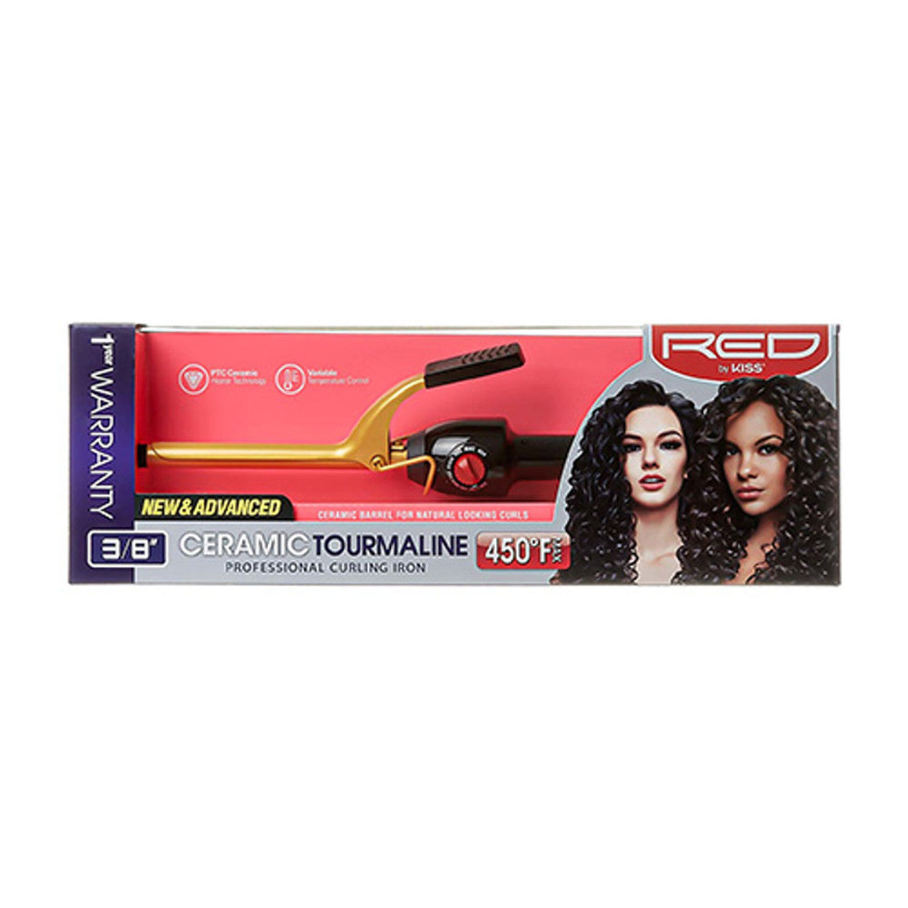 RED BY KISS CERAMIC TOURMALINE PROFESSIONAL CURLING IRON 3/8" 450F  17.9 Oz